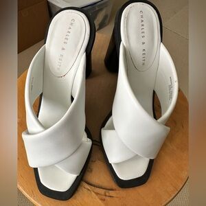 Charles & Keith white cross sandals 3” heel z 36 fits sz 6 to 6 1/2